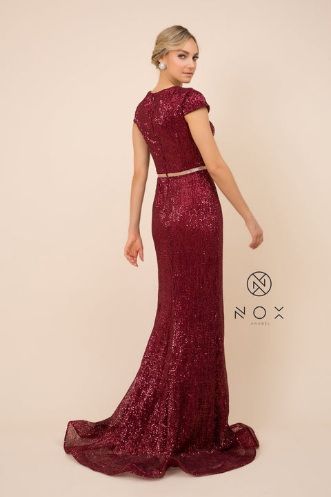 Mermaid Gown with Short Sleeves with Sequins by Nox Anabel F338