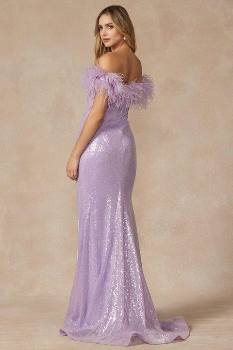 Juliet 292's Off-Shoulder Gown with Sequins and Feather Embellishments
