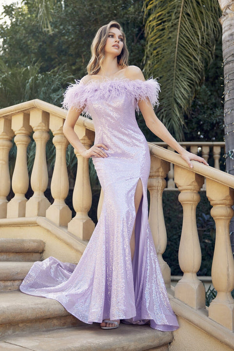 Juliet 292's Off-Shoulder Gown with Sequins and Feather Embellishments