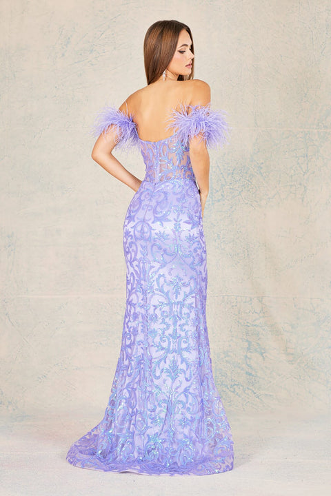 Adora 3129's Off-Shoulder Mermaid Dress with Sequins and Feather Embellishments