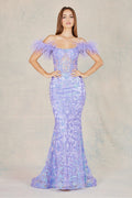 Adora 3129's Off-Shoulder Mermaid Dress with Sequins and Feather Embellishments