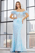 Adora 3129's Off-Shoulder Mermaid Dress with Sequins and Feather Embellishments