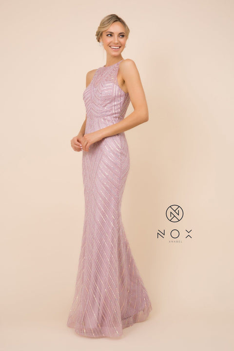 Print Long Fitted Sleeveless Dress with Sequins by Nox Anabel H404