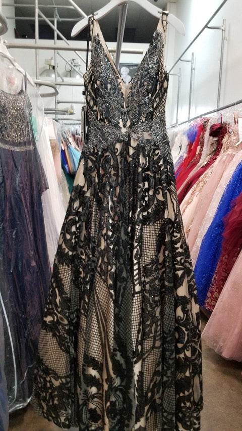 Sequin Print Long Illusion V-Neck Dress by GLS Gloria GL2538