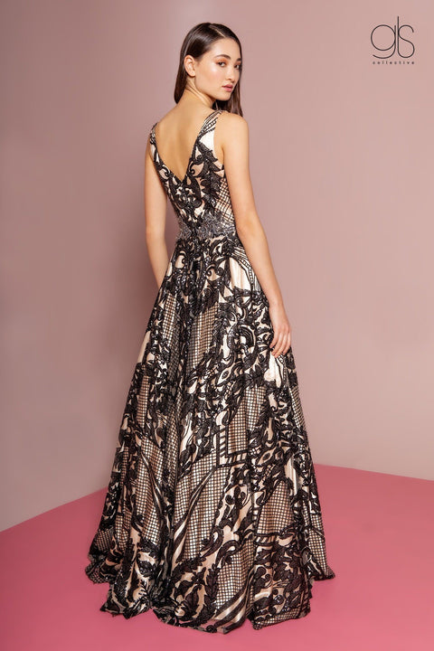 Sequin Print Long Illusion V-Neck Dress by GLS Gloria GL2538