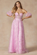 Juliet 2404's Corset Gown with Sequin Print and Puff Sleeves