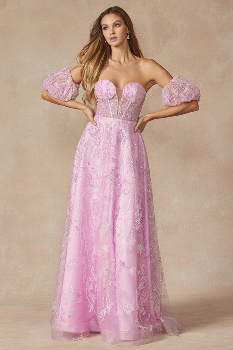 Juliet 2404's Corset Gown with Sequin Print and Puff Sleeves