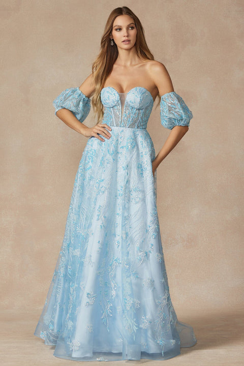 Juliet 2404's Corset Gown with Sequin Print and Puff Sleeves