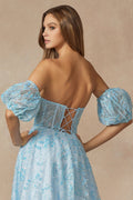 Juliet 2404's Corset Gown with Sequin Print and Puff Sleeves