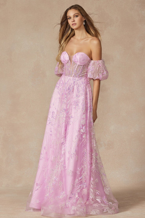 Juliet 2404's Corset Gown with Sequin Print and Puff Sleeves