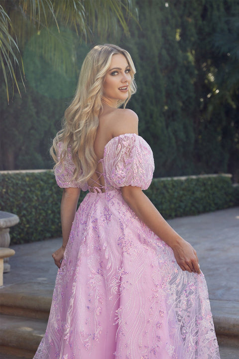 Juliet 2404's Corset Gown with Sequin Print and Puff Sleeves