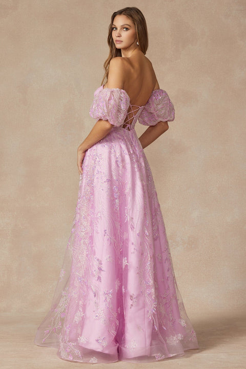 Juliet 2404's Corset Gown with Sequin Print and Puff Sleeves
