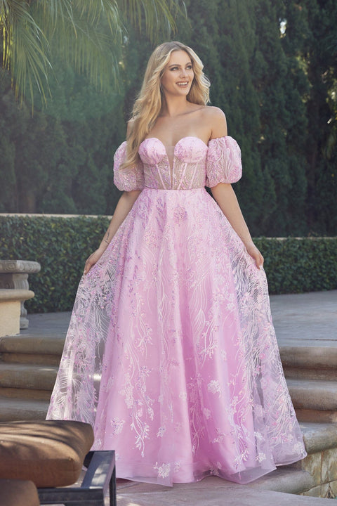 Juliet 2404's Corset Gown with Sequin Print and Puff Sleeves
