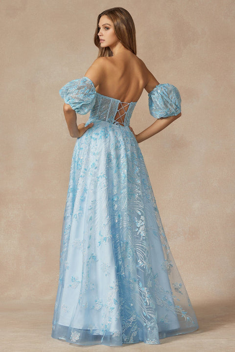 Juliet 2404's Corset Gown with Sequin Print and Puff Sleeves