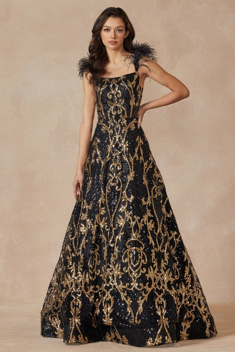 Juliet 297's Sleeveless Feather Gown with Sequin Print