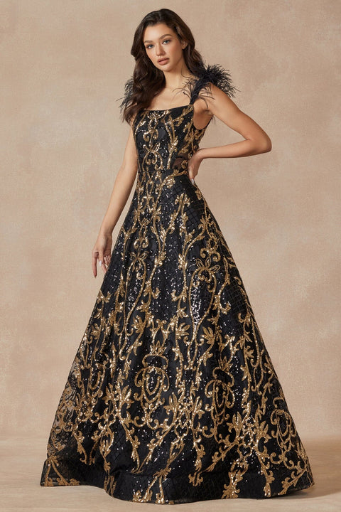 Juliet 297's Sleeveless Feather Gown with Sequin Print