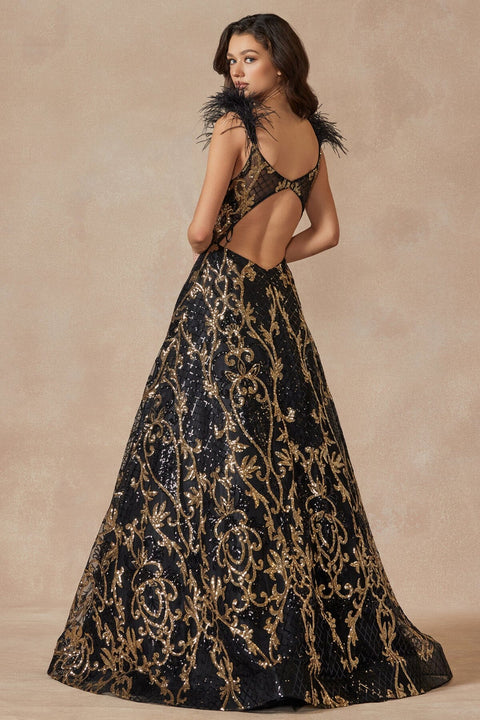 Juliet 297's Sleeveless Feather Gown with Sequin Print