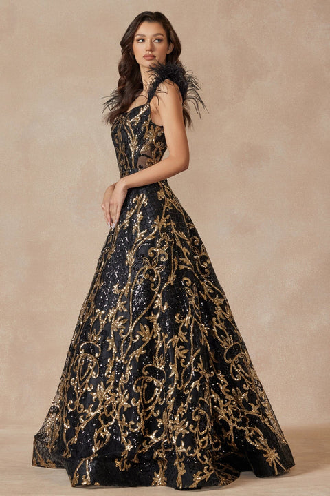 Juliet 297's Sleeveless Feather Gown with Sequin Print