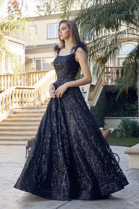 Juliet 297's Sleeveless Feather Gown with Sequin Print