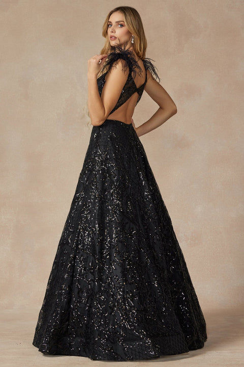 Juliet 297's Sleeveless Feather Gown with Sequin Print