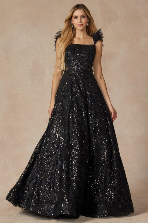 Juliet 297's Sleeveless Feather Gown with Sequin Print