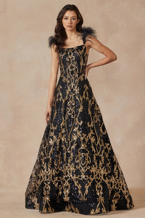 Juliet 297's Sleeveless Feather Gown with Sequin Print