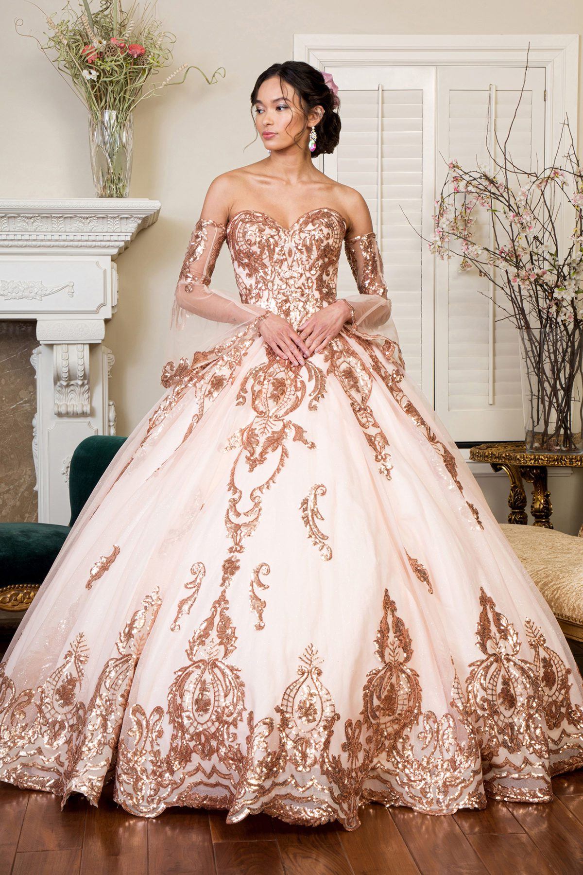 Champagne Wedding Dress Quinceanera Dresses 2019 Rose Gold Sequin Print  Strapless Ball Gown By Elizabeth K GL1914 Sheerdreamz