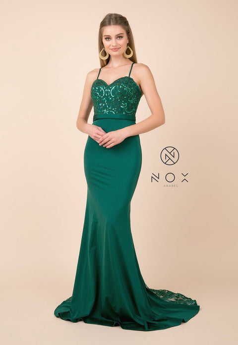 Trumpet Dress with Sheer Train and Sequined Lace by Nox Anabel E276