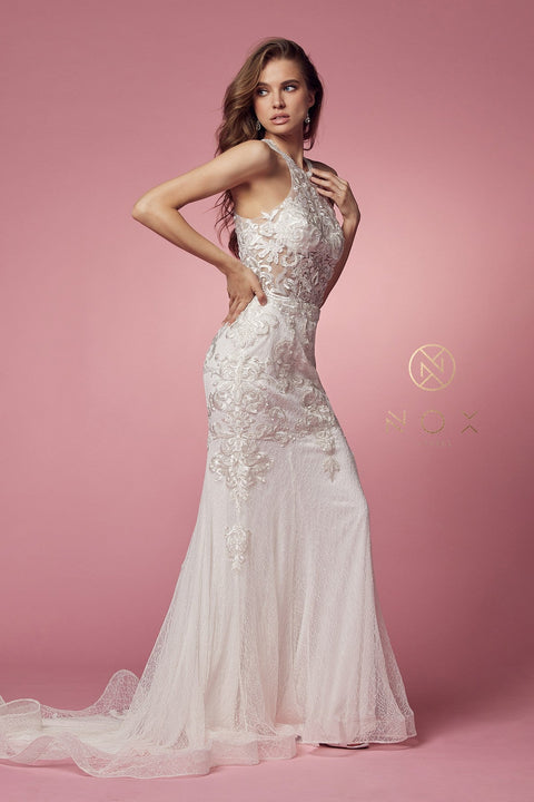 High Neck Dress with Sheer Lace Appliques by Nox Anabel W901