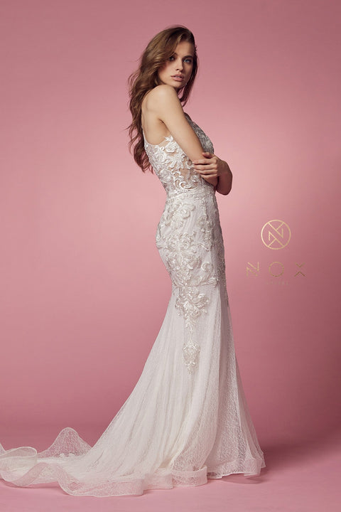 High Neck Dress with Sheer Lace Appliques by Nox Anabel W901