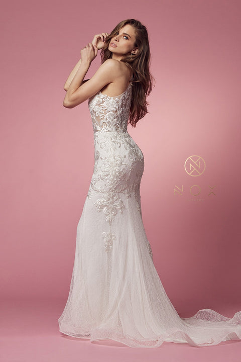 High Neck Dress with Sheer Lace Appliques by Nox Anabel W901