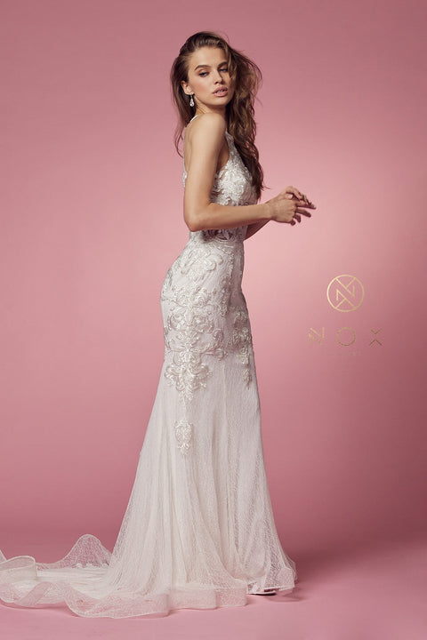 High Neck Dress with Sheer Lace Appliques by Nox Anabel W901