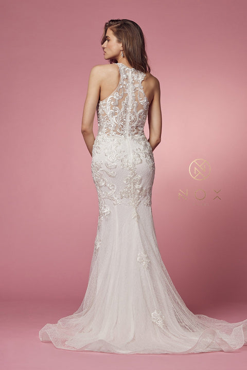 High Neck Dress with Sheer Lace Appliques by Nox Anabel W901