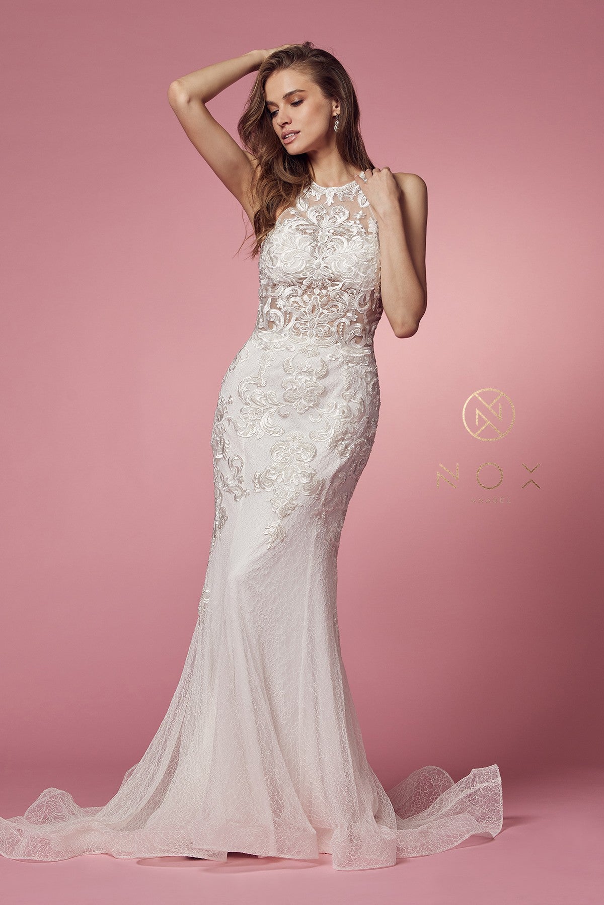High Neck Dress with Sheer Lace Appliques by Nox Anabel W901– sheerdreamz