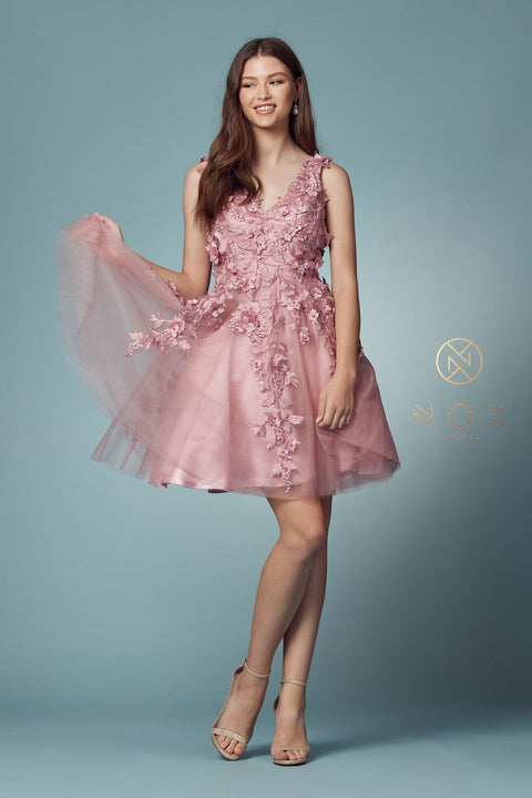 Short Dress with 3D Floral Appliques by Nox Anabel R708