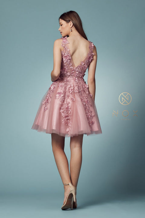 Short Dress with 3D Floral Appliques by Nox Anabel R708