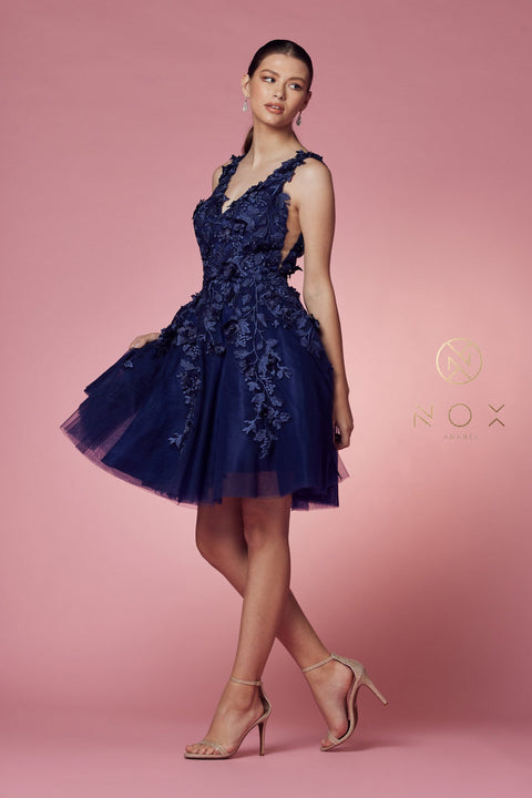 Short Dress with 3D Floral Appliques by Nox Anabel R708