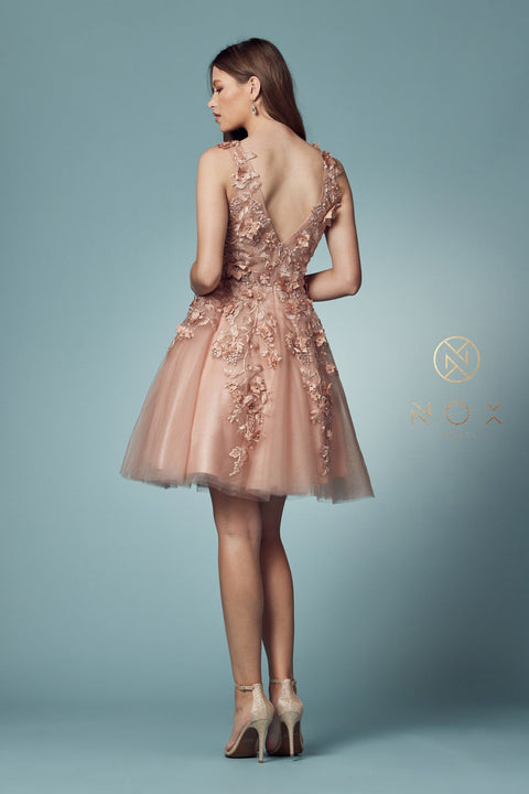 Short Dress with 3D Floral Appliques by Nox Anabel R708