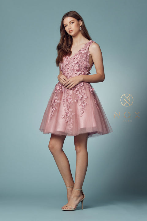 Short Dress with 3D Floral Appliques by Nox Anabel R708