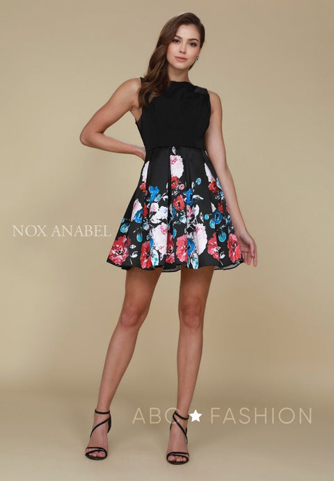 Short Black Print Skirt Dress with Floral by Nox Anabel Q606