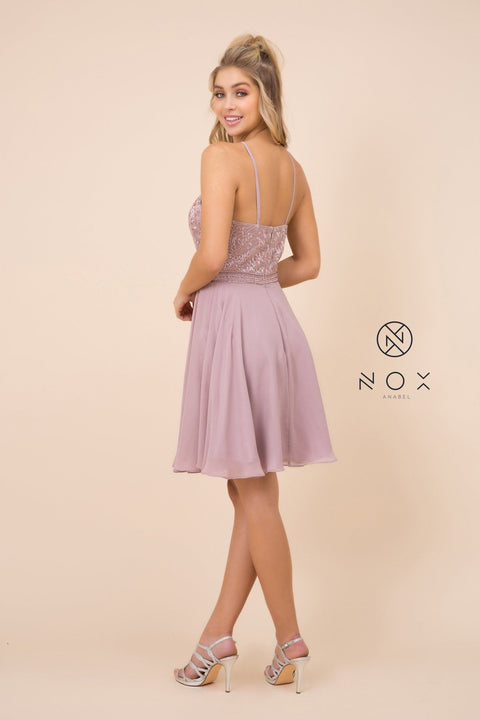 Short Chiffon Embroidered Bodice Dress by Nox Anabel Y629