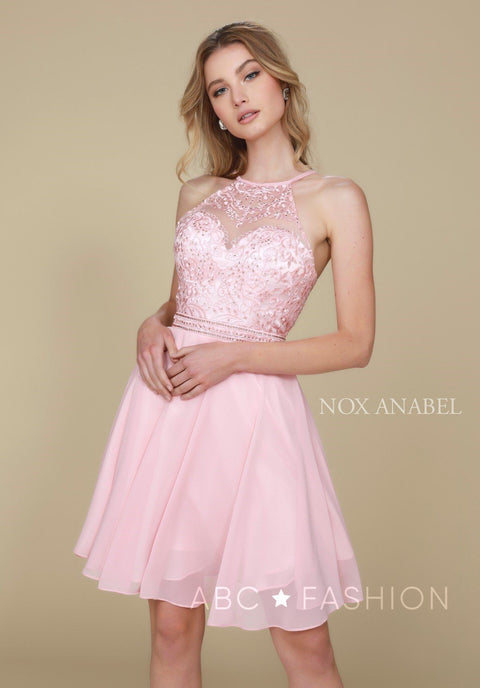 Short Chiffon Embroidered Bodice Dress by Nox Anabel Y629