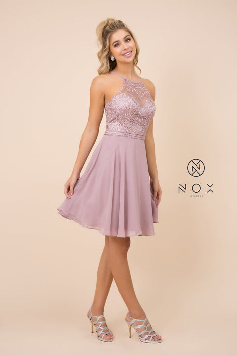 Short Chiffon Embroidered Bodice Dress by Nox Anabel Y629