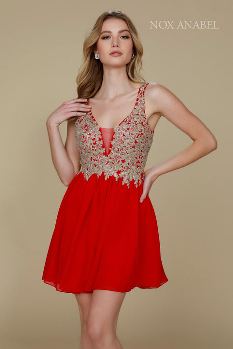Short Chiffon Dress with  Lace Appliques by Nox Anabel 6291