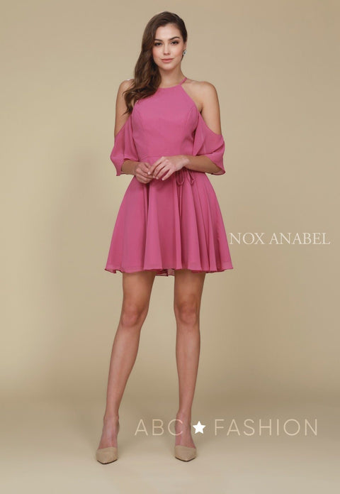 Cold Shoulder Short Dress with Flutter Sleeves by Nox Anabel T667