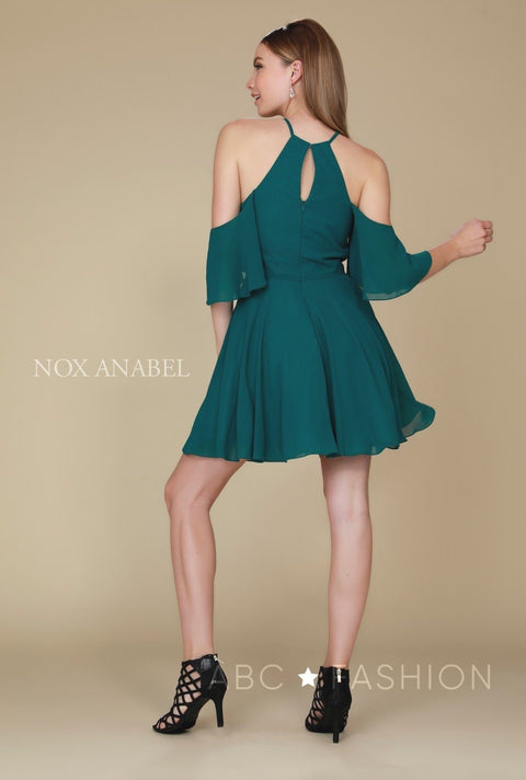 Cold Shoulder Short Dress with Flutter Sleeves by Nox Anabel T667