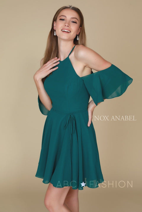 Cold Shoulder Short Dress with Flutter Sleeves by Nox Anabel T667