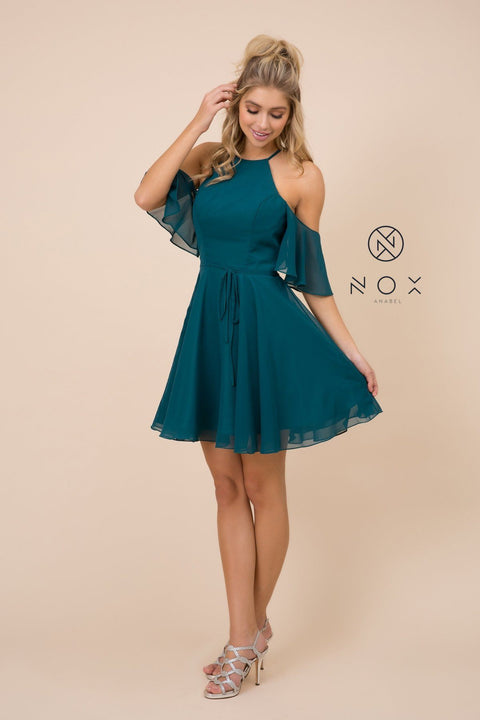 Cold Shoulder Short Dress with Flutter Sleeves by Nox Anabel T667