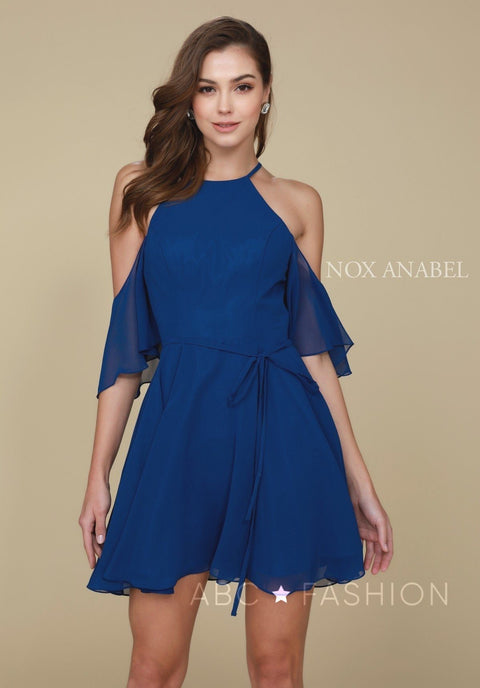 Cold Shoulder Short Dress with Flutter Sleeves by Nox Anabel T667