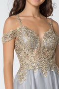 Elizabeth K GS2808's Short Cold Shoulder Dress with Gold Appliques